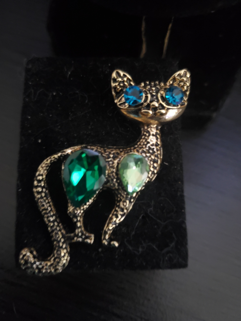 Gold-Tone Cat Brooch with Blue and Green Crystals